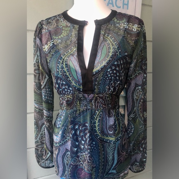 Colorful sheer long sleeve blouse plunging keyhole detail & smock waist w/ tie. - Picture 8 of 12